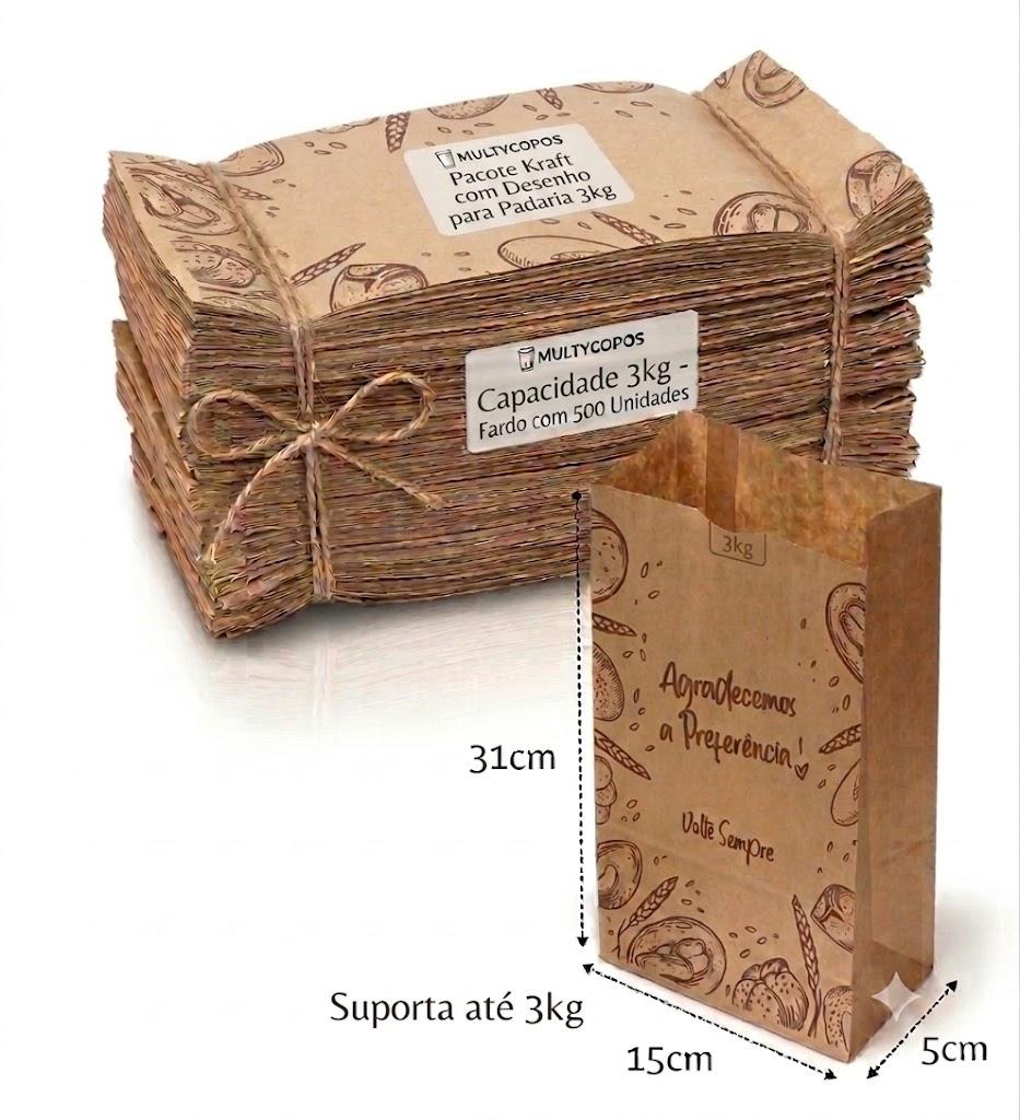 Pacote Kraft 3kg com Desenho - Tamanho 31cm x 15cm x 5cm - Fardo com 500 Unidades