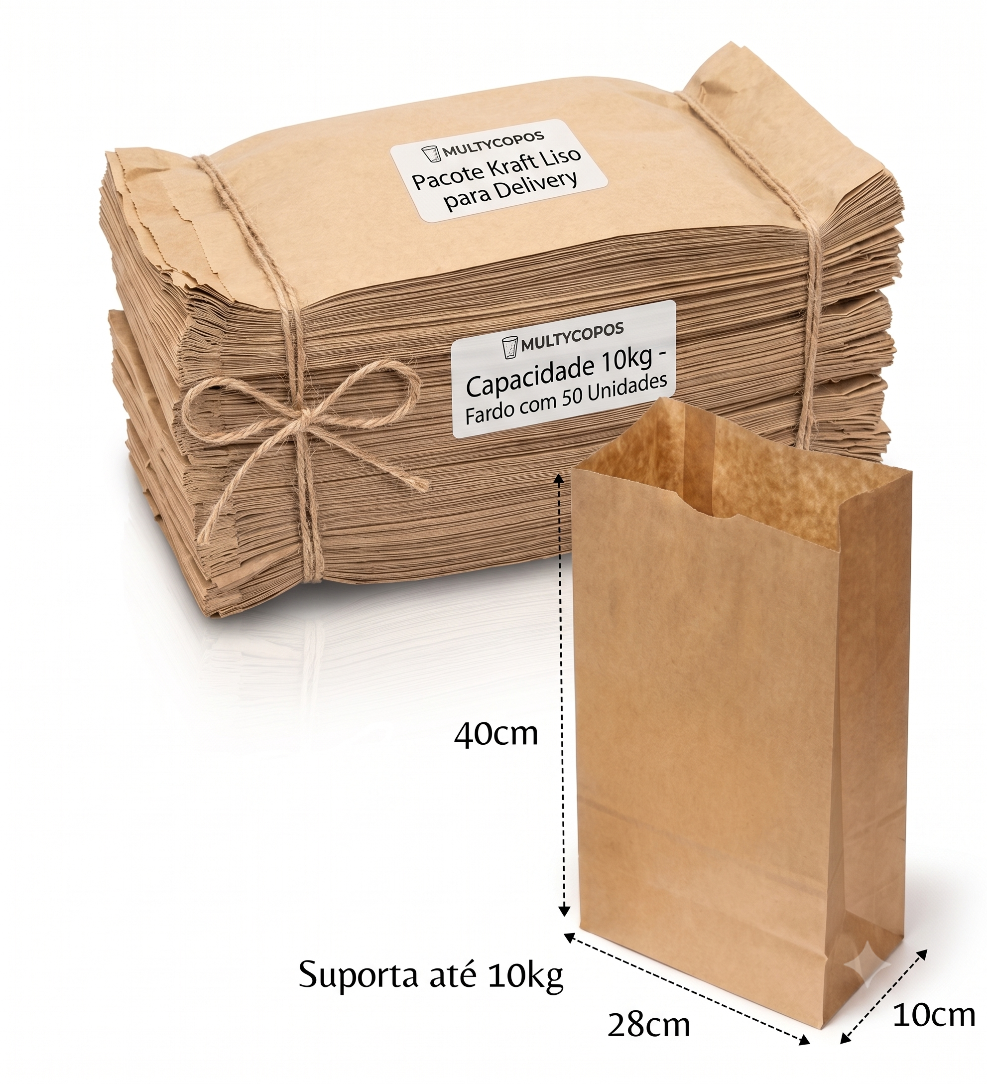 Pacote Kraft Liso para Delivery de 10kg - Tamanho 28cm x 40cm x 10cm - Fardo com 50 Unidades
