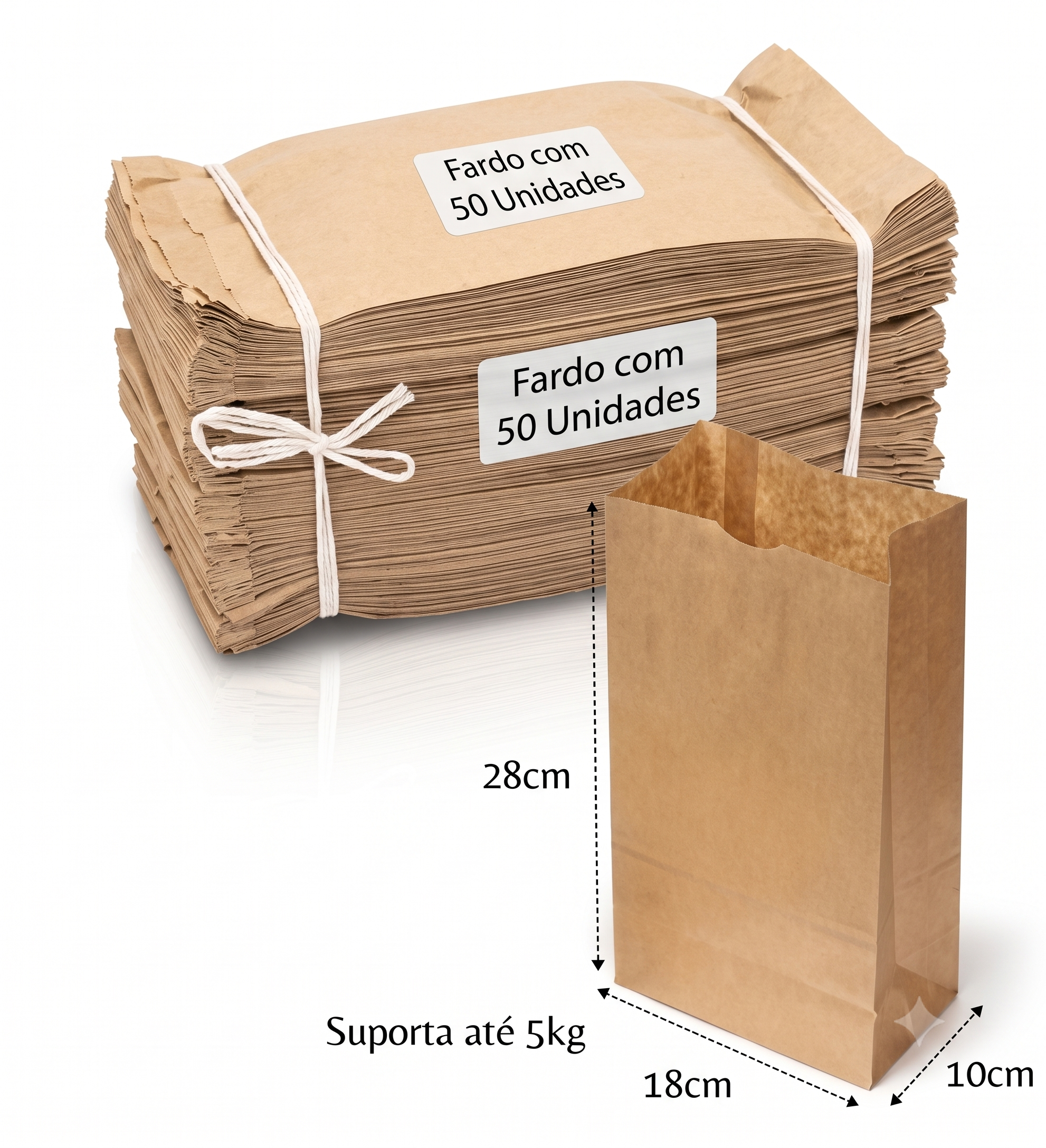 Pacote Kraft Liso para Delivery de 5kg - Tamanho 18cm x 28cm x 10cm - Fardo com 50 Unidades