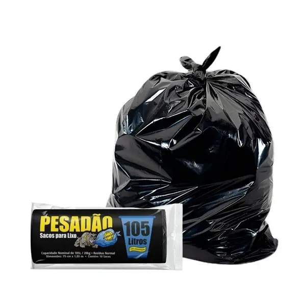Saco Preto em Rolo para Lixo - Bio de 105 Litros - Supota até 20kg - Tamanho 75cm x 1,05m - Pacote com 05 Unidades - PESADÃO