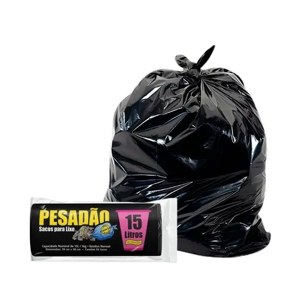 Saco Preto em Rolo para Lixo - Bio de 15 Litros - Supota até 3kg - Tamanho 39cm x 58cm - Pacote com 20 Unidades - PESADÃO