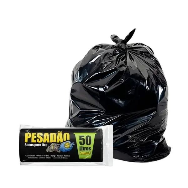 Saco Preto em Rolo para Lixo - Bio de 50 Litros - Suporta até 10kg - Tamanho 63cm x 80cm - Pacote com 10 Unidades - PESADÃO