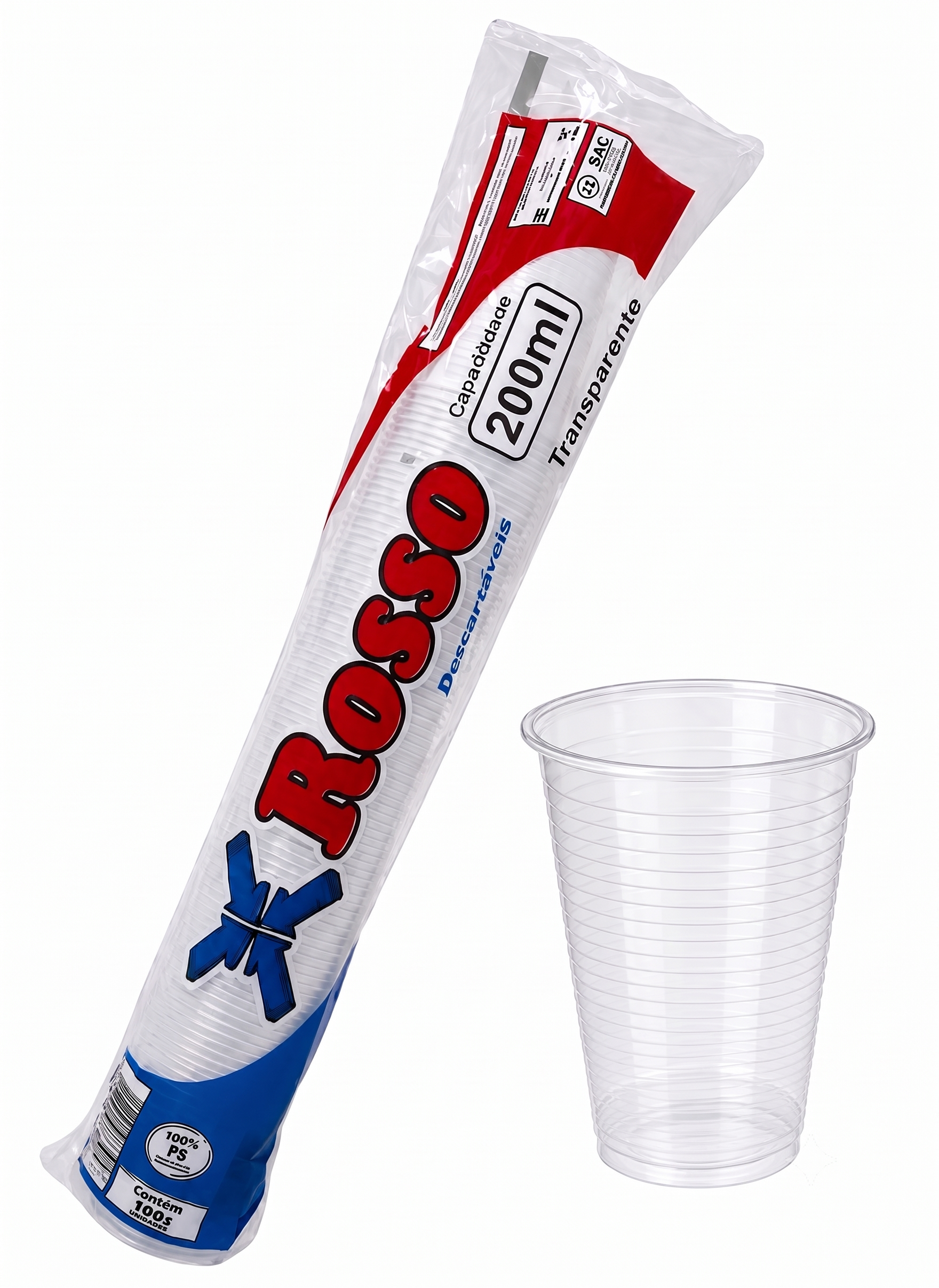 Tira de Copo Plástico Descartavel - Transparente com 200ml - Tira com 100 Unidades - ROSSO