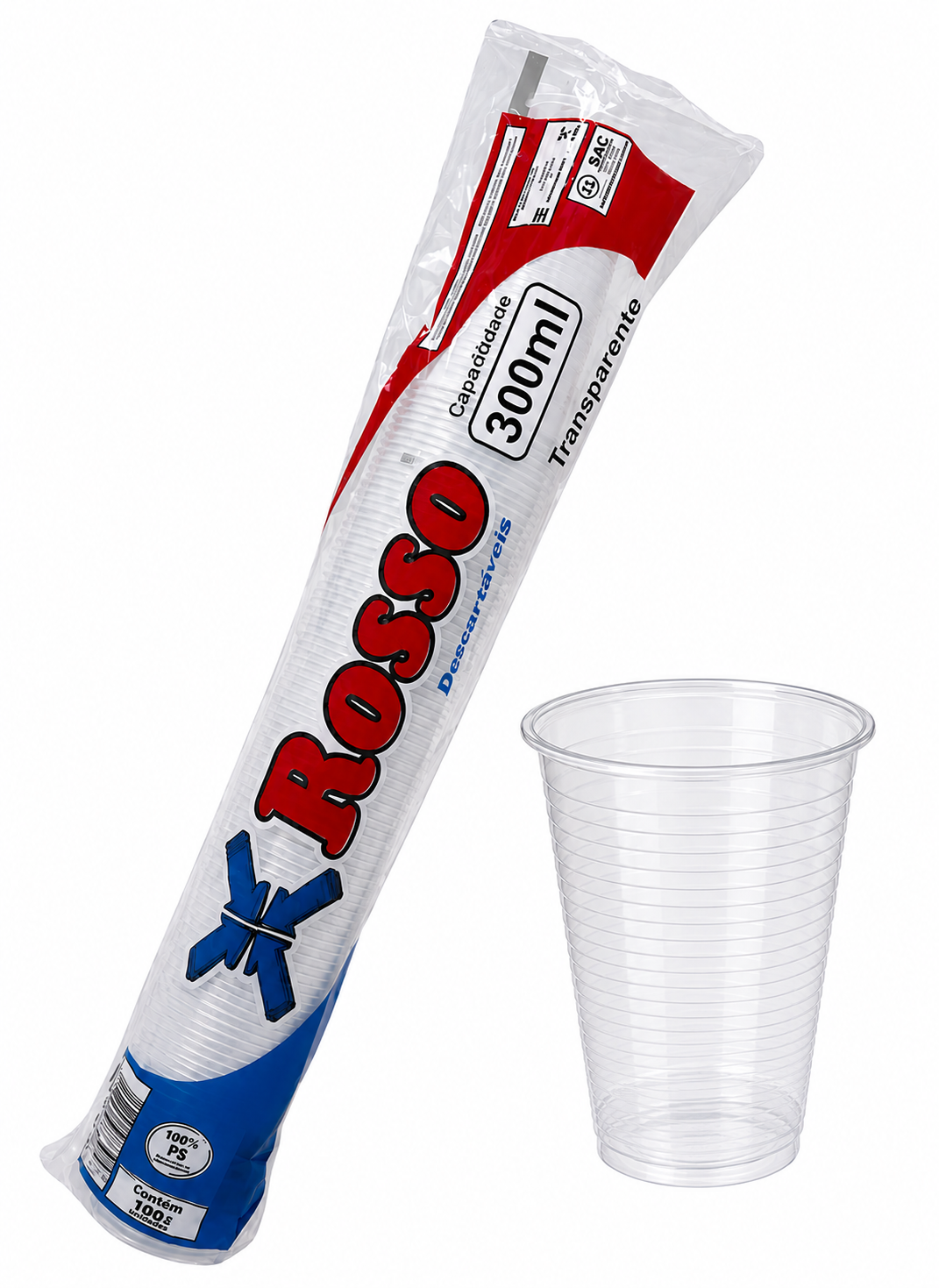 Tira de Copo Plástico Descartavel - Transparente com 300ml - Tira com 100 Unidades - ROSSO