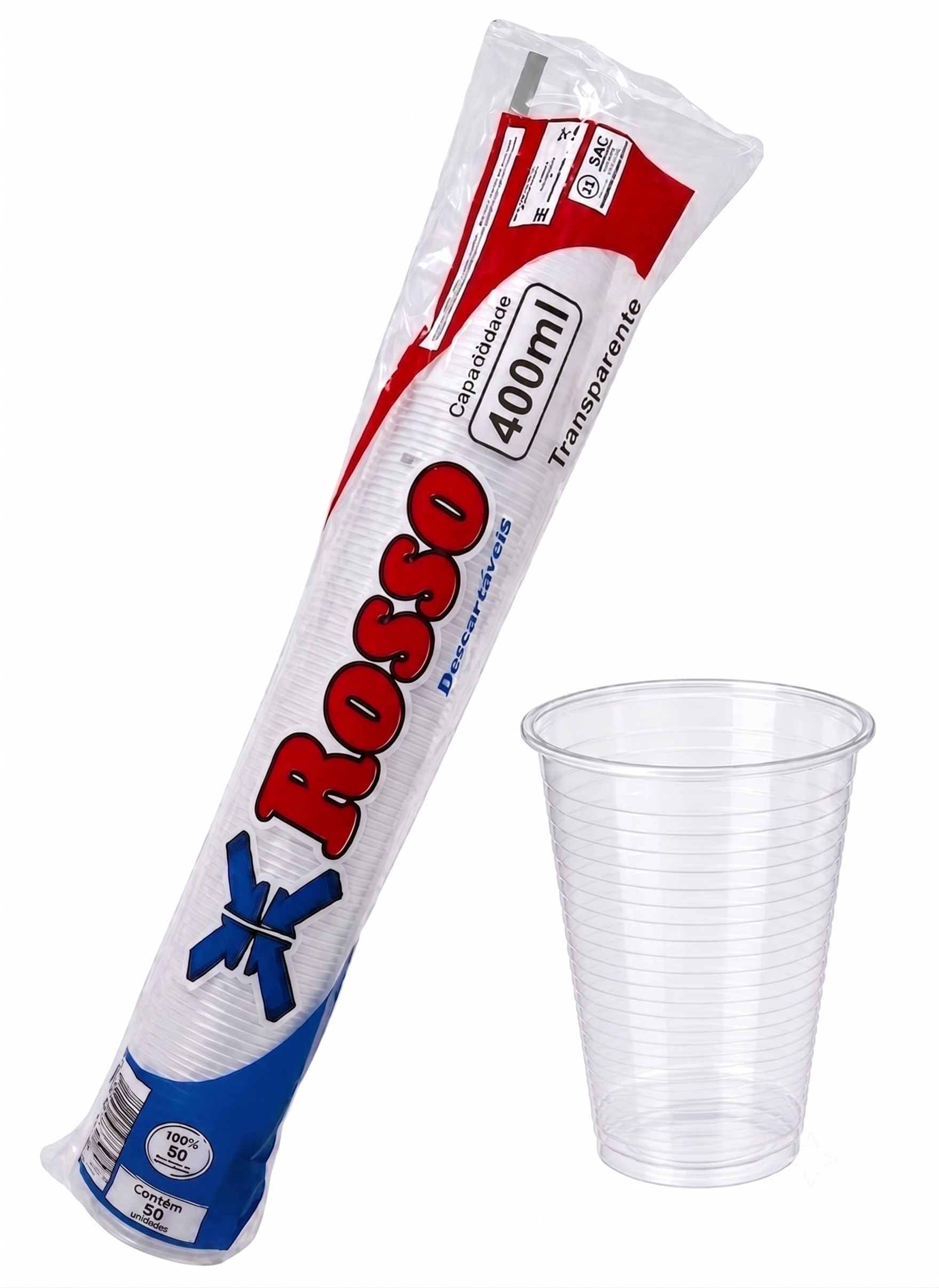 Tira de Copo Plástico Descartavel - Transparente com 400ml - Tira com 50 Unidades - ROSSO