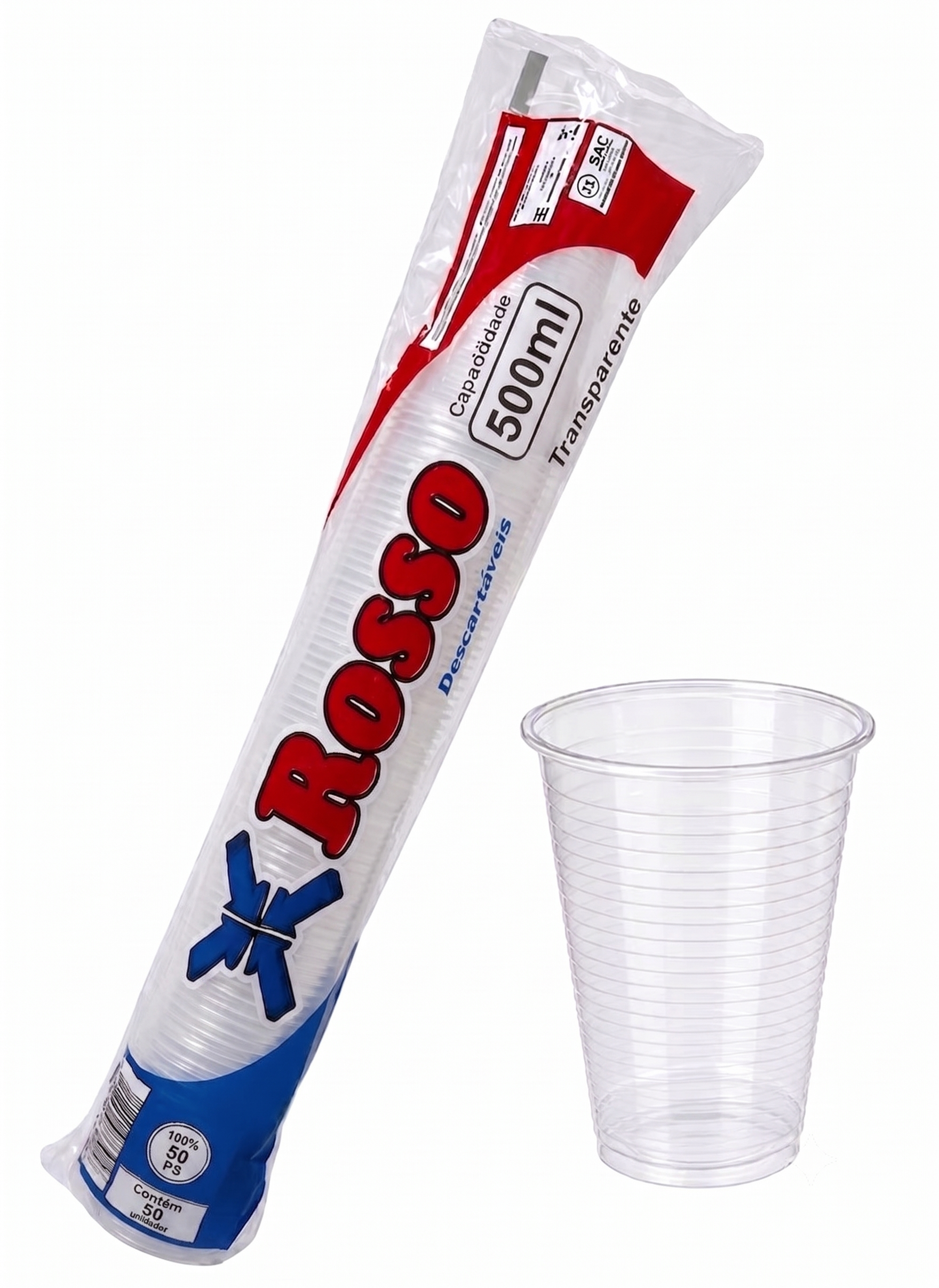 Tira de Copo Plástico Descartavel - Transparente com 500ml - Tira com 50 Unidades - ROSSO